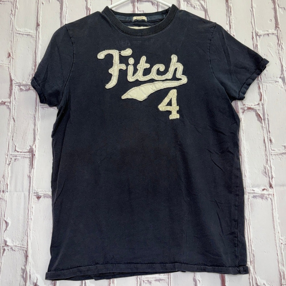 VTG Y2K Abercrombie & Fitch TShirt Navy Blue Stitch Patch Muscle Fit Mens Med.